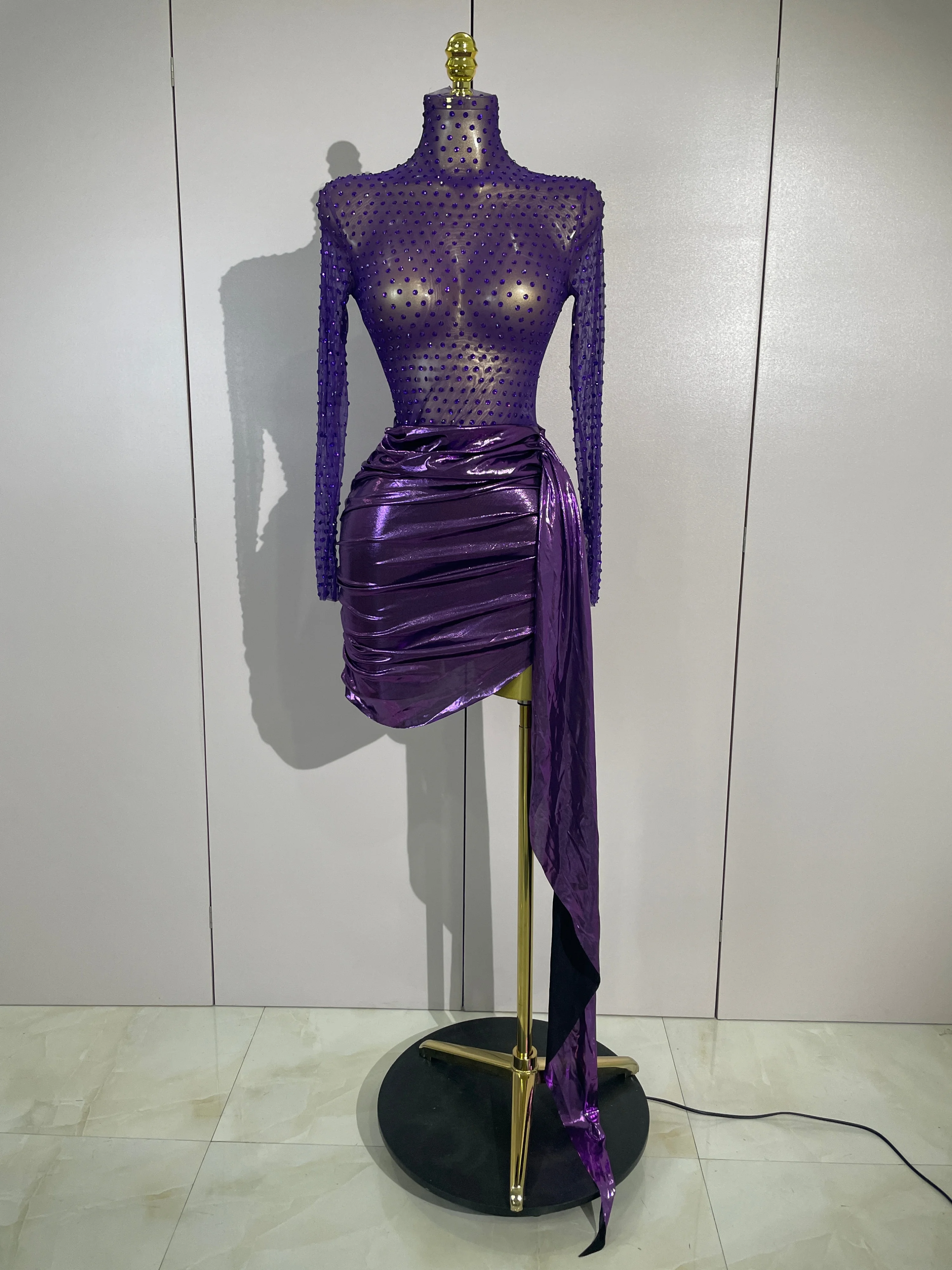 Sexy Mesh See Through Purple Long Sleeves Mini Dress Luxury Sparkly Diamond Birthday Evening Party Nightclub Team Stage Costume