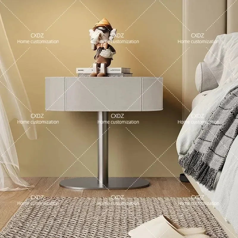 Italian Minimalist Bedside Table Saddle Leather Stainless Steel Light Luxury Premium Nightstand for Master Bedroom Modern