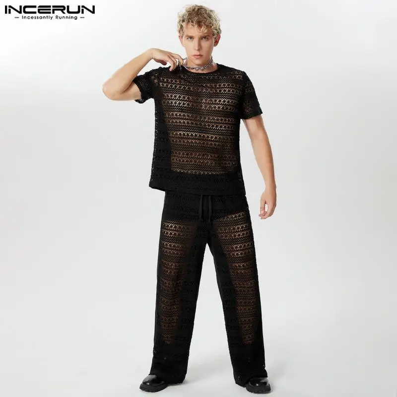 INCERUN 2024 American Style Fashion Sets Men\'s Hollowed Lace Short Sleeved Tops Long Pants Casual Streetwear Suit 2 Pieces S-5XL