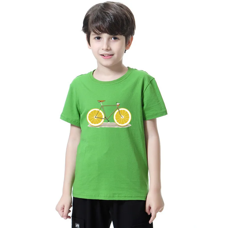 Sommer 2025, Kinder-T-Shirts für Jungen, modisches Kurzarm-Baumwoll-T-Shirt für Kinder, One-Neck-Grafik-Tops, trendige Kinder-Zitronen-Fahrradkleidung