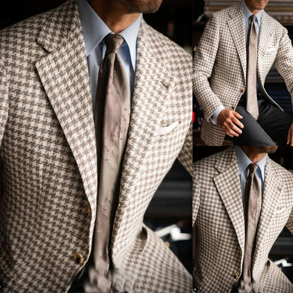 

Classic Tweed Houndstooth Men's Suit Jackets 1 Piece Plaid Single Breasted Prom Blazers Customized Tuxedos Hunting Coat Outfits