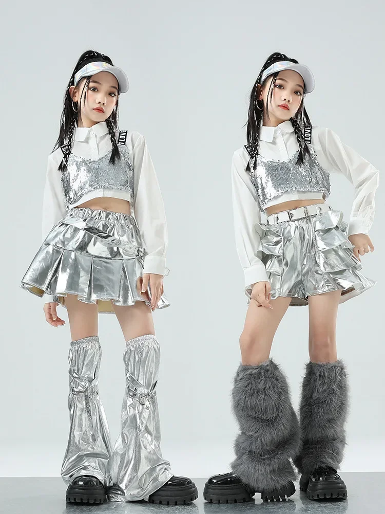 Meisjes Hip Hop Sets K-pop Sequin Crop Top Shirt Street Dance Zilveren Rokken Kinderen Streetwear Kind Jazz Kostuum meisje Groep Kleding