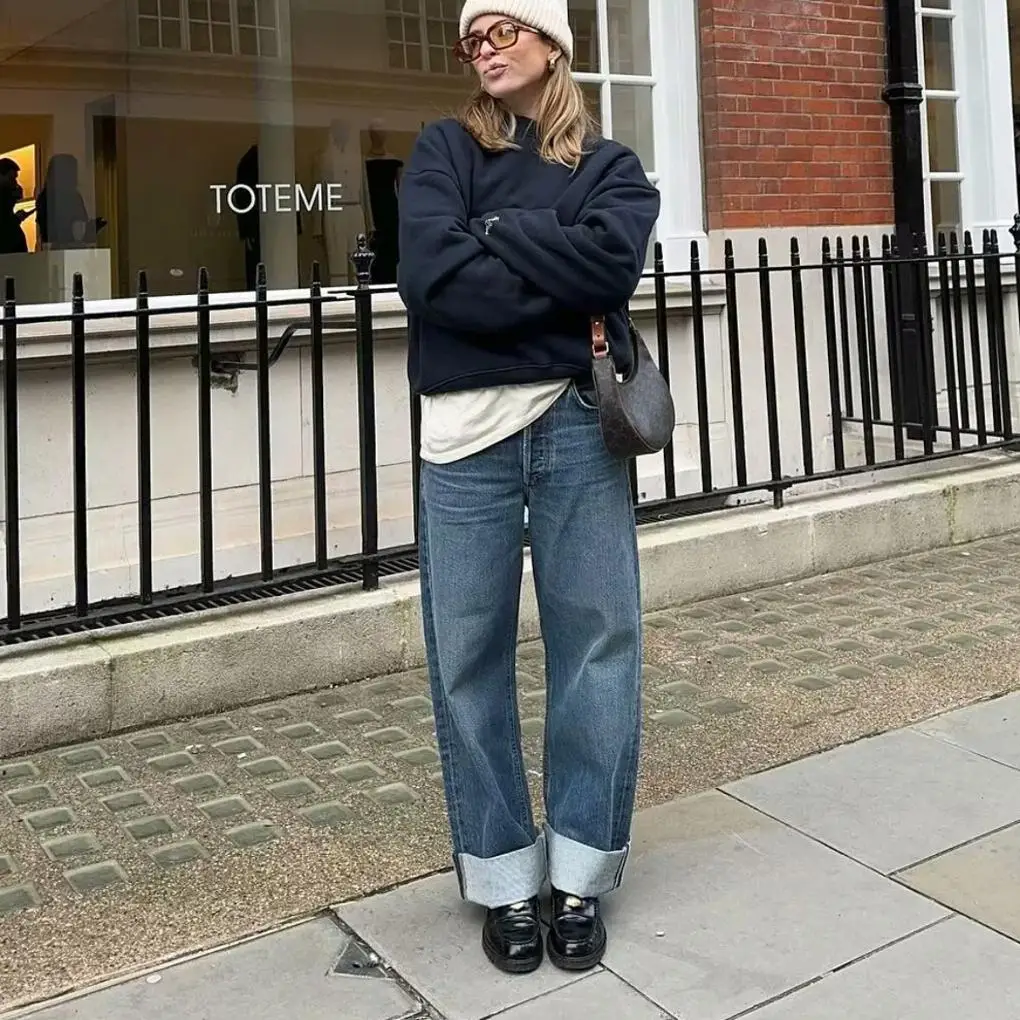 

Новое осеннее поступление, прямые джинсы, широкие брюки с манжетами, джинсовые брюки с высокой талией длиной до пола, винтажные брюки с закатанными штанами