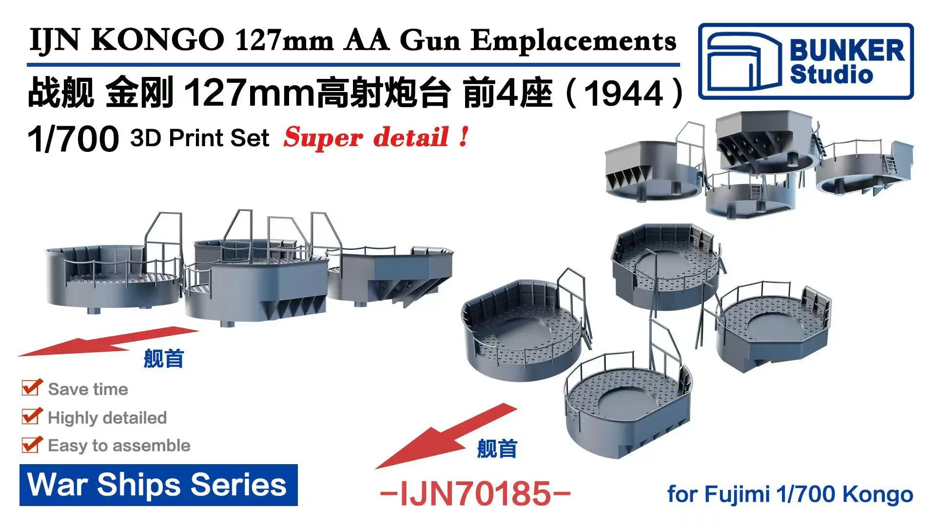 BUNKER IJN70185 1/700 IIN KONGO 127mm AA Gun Emplacements 3D Print Set