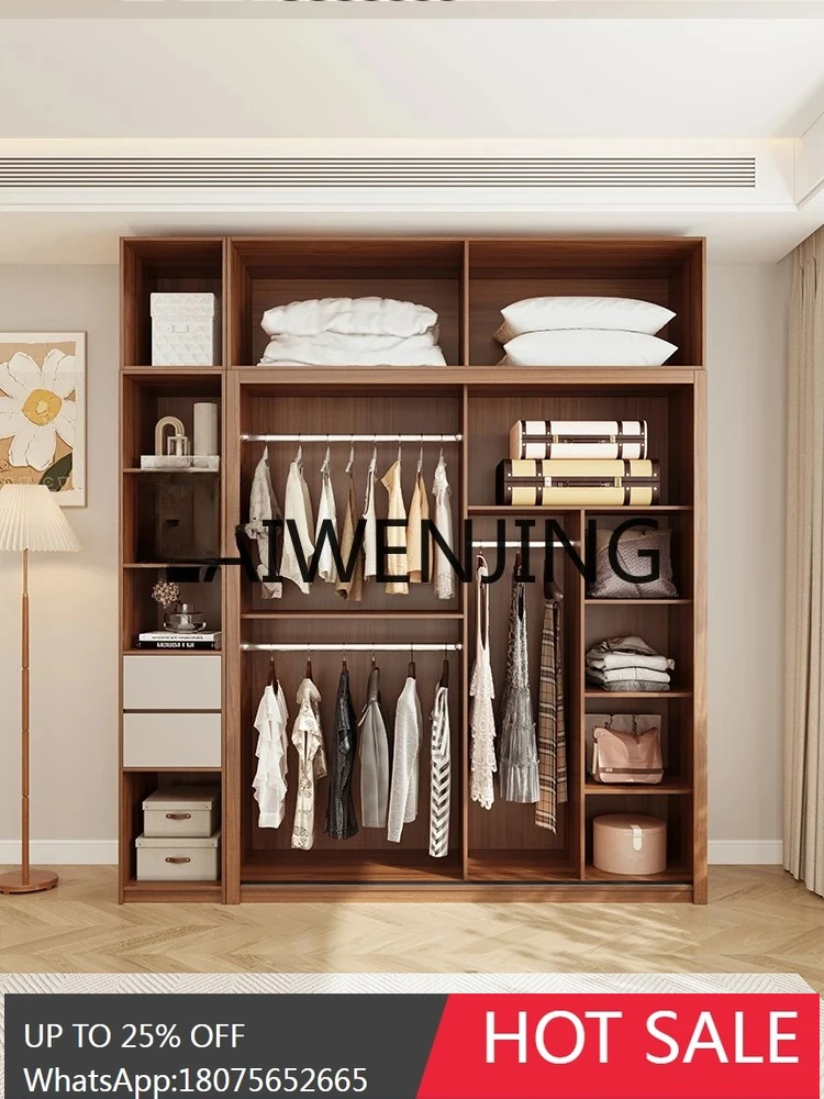 Sliding Door Wardrobe Home Bedroom Walnut Solid Wood Multi-Layer Simple Finished Wardrobe