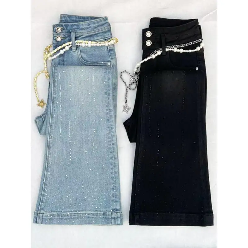 ربيع 2025 جينز عالي الخصر بقصة ضيقة أوروبي Sle صغير Fraance Sle مقاس كبير سروال طويل غير رسمي على شكل جرس مرن