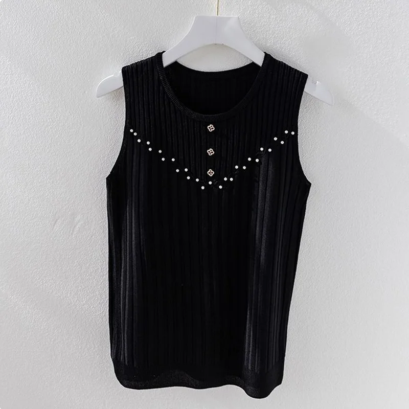 Koreon Fashion Women Knitted Camis Summer New Tank Top All-match Slim Inner Wear Bottoming Beading Solid Casual Sleeveless Vest