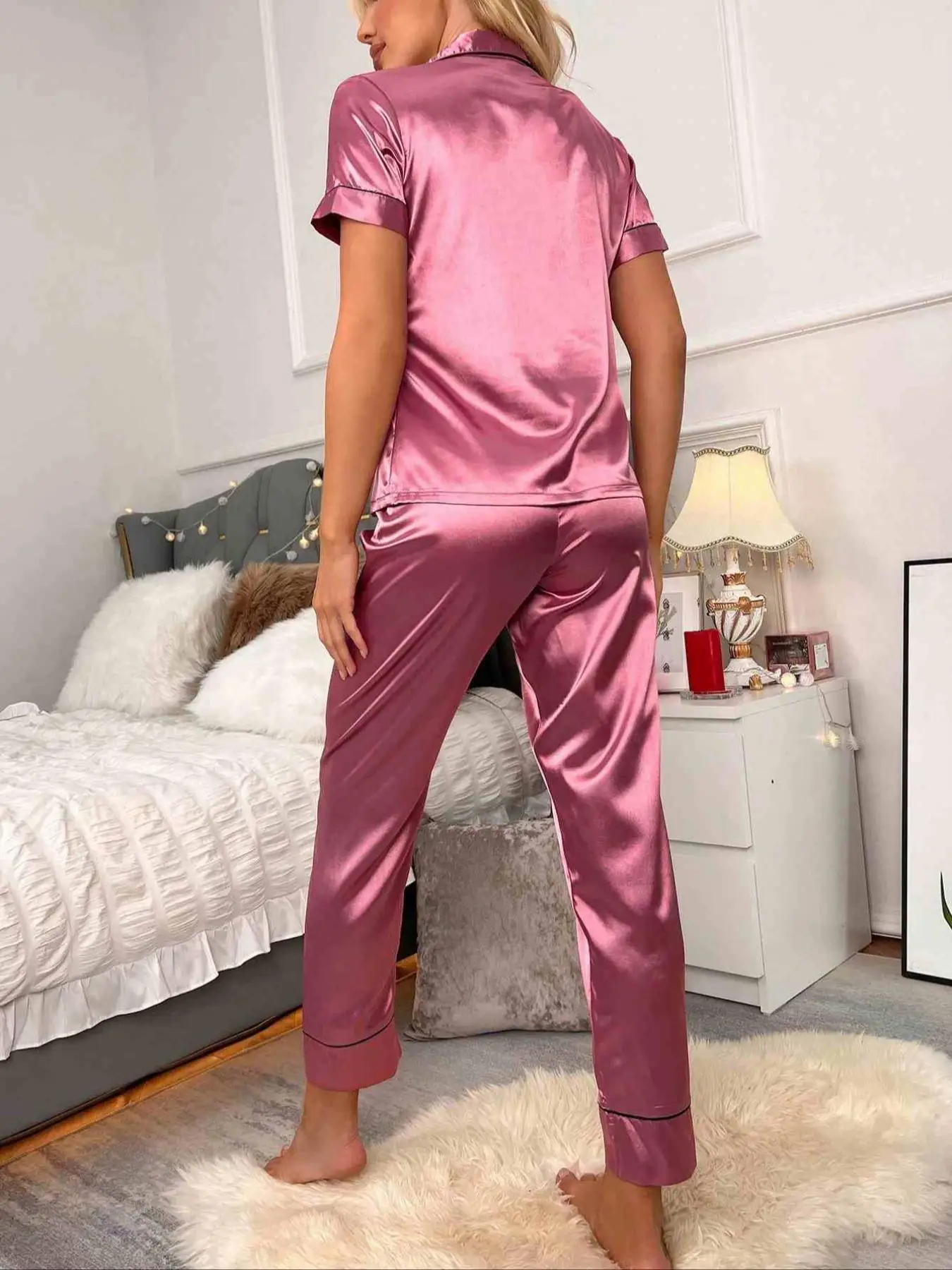 여성용 단색 버튼 프론트 파자마 투피스 세트, 편안한 파자마 세트, 반팔 라펠 넥 탑 & 반바지 파자마 세트, 여성용 잠옷