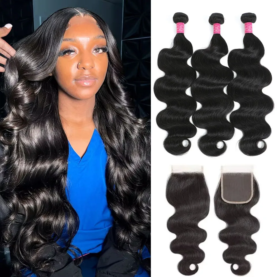Body Wave Bundles und Closure aus brasilianischem Echthaar, 3/4 Bundles mit 4x4 HD Lace Closure, vorgezupftes Rohhaar-Bundle mit Frontal
