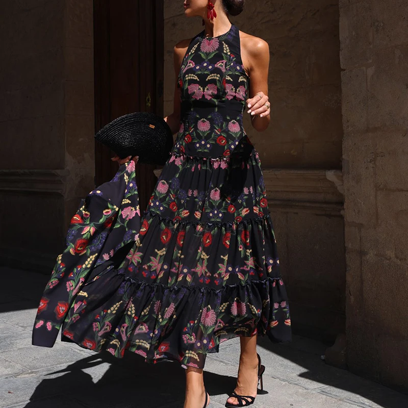 New 2026 Summer Vintage Pleated Holiday Dress Elegant Women's Party Long Dress O Neck Sleeveless Pattern Printed Bohemian Dress