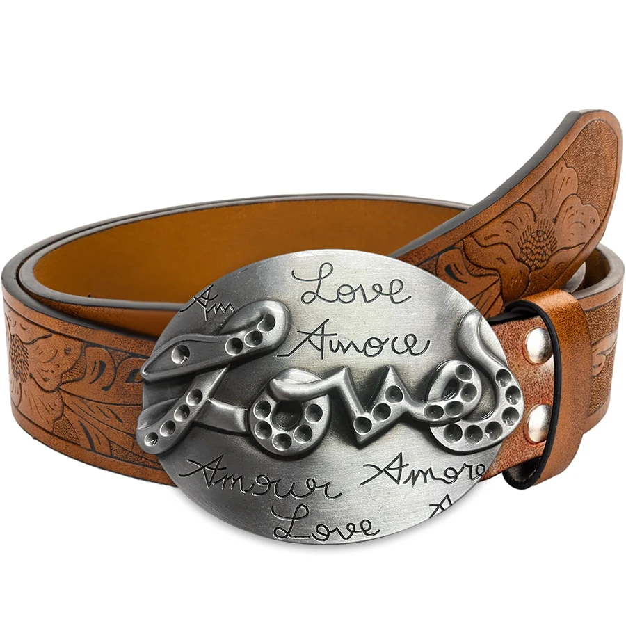 Love Letter Belt Exquisite Carved Large Plate Buckle Alloy Buckle for Both Men and Women - Irregular Pattern Carved Flower Long