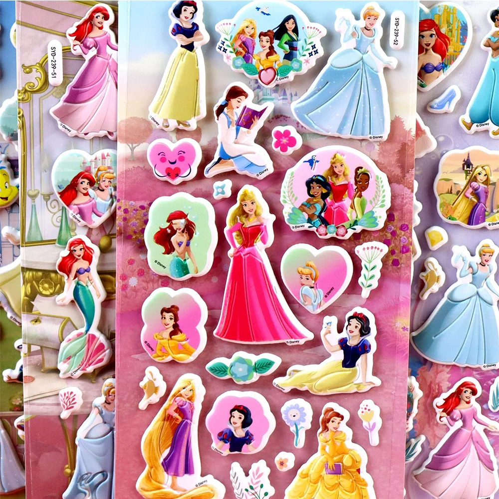 4 pezzi Disney Cute Cartoon Princess 3D adesivi gonfi Biancaneve Ariel Kawaii Bubble Decalcomanie Decorative Notebook Telefono Auto Giocattolo Regalo