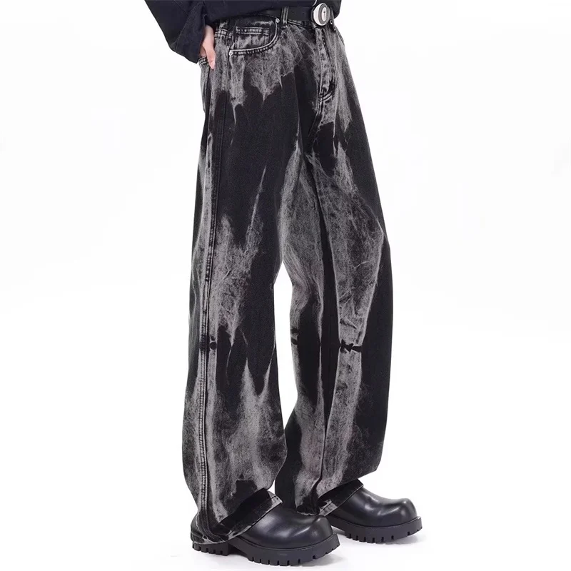 Spring Men's Goth Black Tie-dye Jeans Hip Hop Fashion Gradient Wide-leg Denim Pants 2025 New Y2K Vintage Baggy Jean Hombre