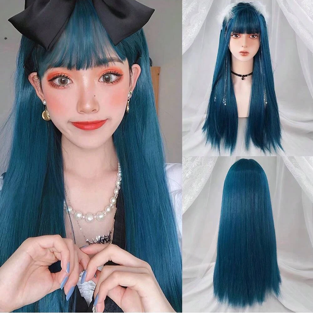 GAKA ciemnoniebieski długi prosty syntetyczny Lolita Cosplay peruka z grzywką dla kobiet Party Darily nakrycia głowy czerwone różowe włosy blond
