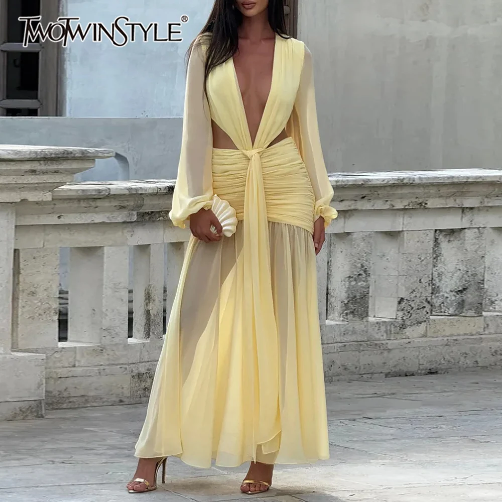 TWOTWINSTYLE เซ็กซี่ Spliced Sheer ตาข่าย Maxi ชุดผู้หญิงลึก V คอยาวแขนยาวกลางเอว Patchwork พับชุดหญิงใหม่