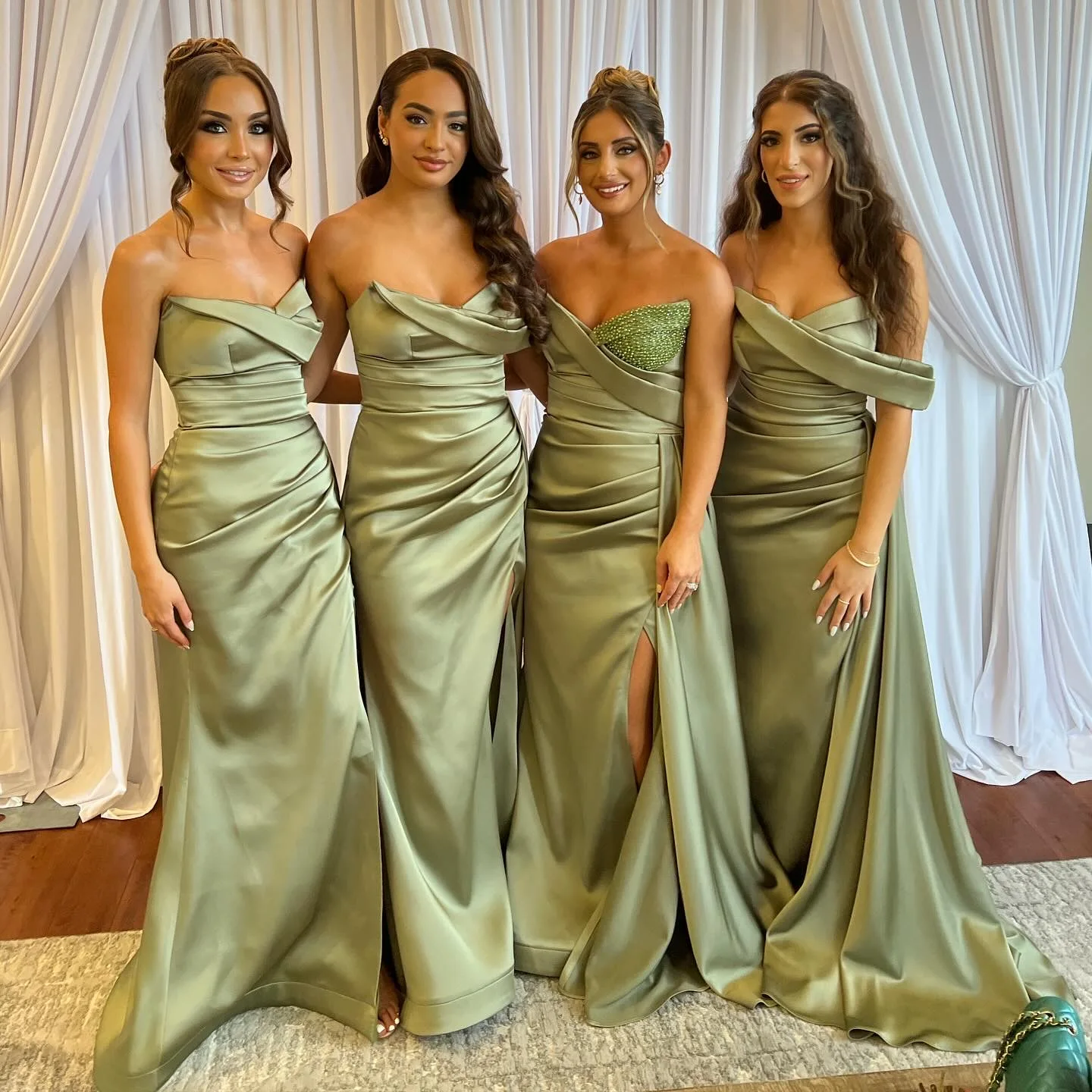 

One Off the Shoulder Satin Bridesmaid Dresses Long for Women 2025 Mermaid Pleated Tight Side Slit Wedding Guest Dresses Simple