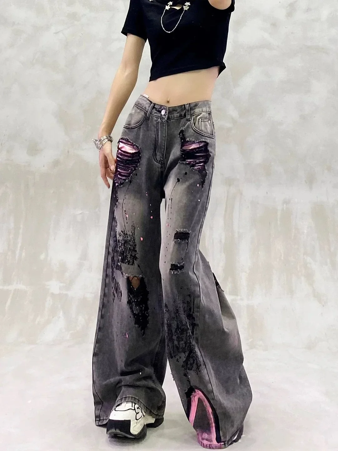 

Vintage Black Gothic Ripped Graffiti Jeans Women Summer American Retro Streetwear High Waist Loose Wide Leg Pants Denim Trousers
