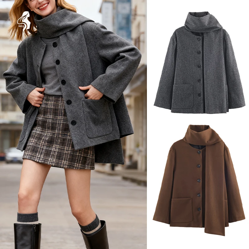 

Womens Shawl Collar Coat With Scarf Single Breasted With Large Pockets Niche Loose Fit Commuter Top For Autumn And Winter Tops