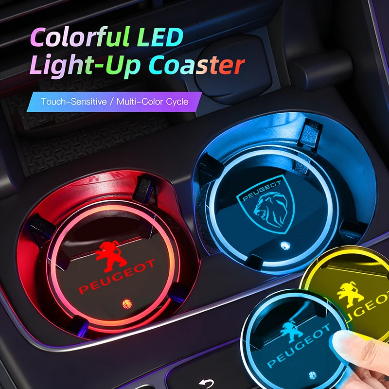 2 piezas de posavasos luminosos LED inteligentes de 7 colores para coche/llavero para Peugeot 206 307 308 3008 207 208 407 408 508 506 301