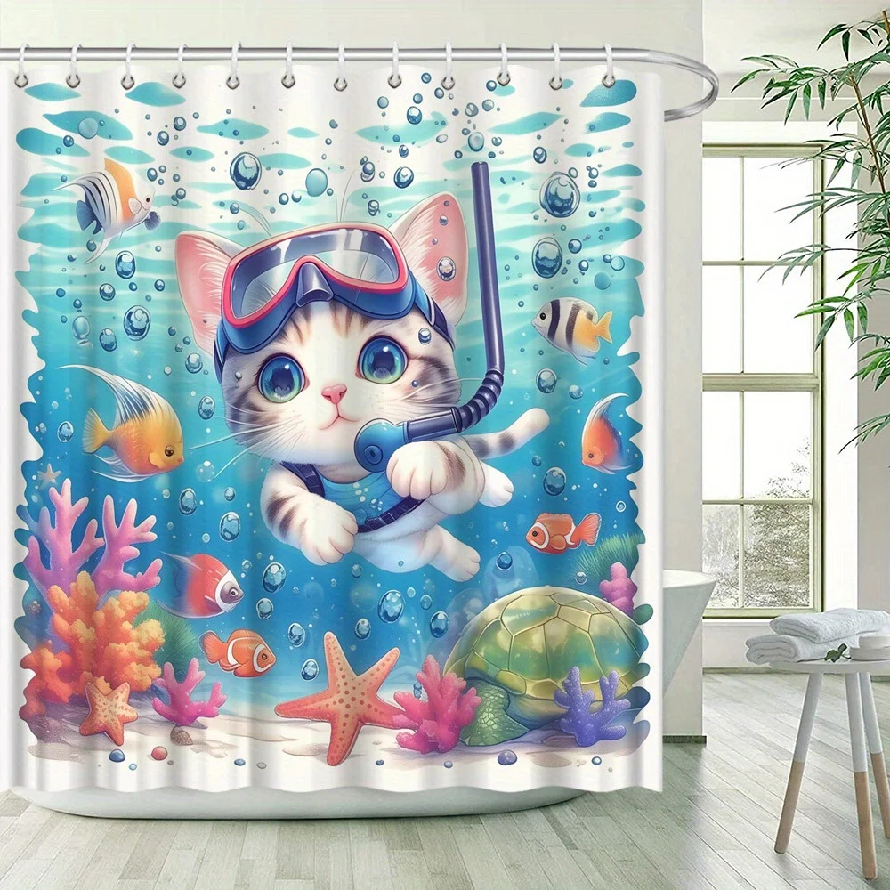 

Водонепроницаемая занавеска для душа Cute Cat для подводного плавания в океане для современного декора ванной комнаты, стильная и прочная, идеально подходит для домашнего использования