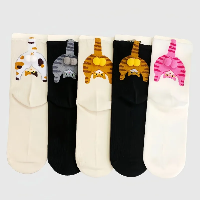 5 Pairs of Spring/summer Cartoon Cat Mid-calf Socks, Cute and Quirky Long Socks