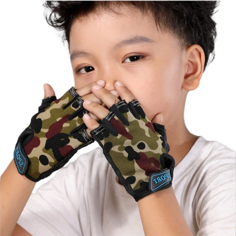 Guantes deportivos de camuflaje para niños y niñas, guantes de medio dedo para montar en bicicleta, correr, deportes al aire libre, 1 par