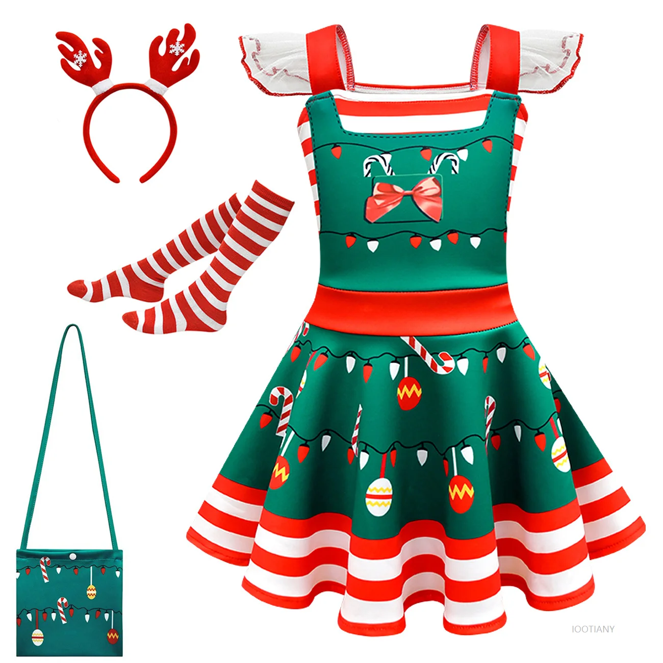 Abito natalizio per ragazze girocollo elfo verde costume da gioco di ruolo per bambini modello retrò abito senza maniche festa di compleanno di carnevale