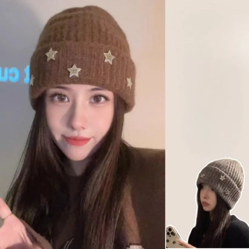 الكورية الأزياء المعادن ستار قبعة المرأة الأذن حماية البلوز قبعة الشتاء الدافئة محبوك قبعة الصلبة الصوف الكروشيه بونيه Skullcap #1
