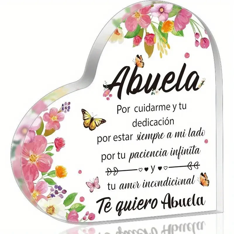 [2D Flat] 1pc Heart-Shaped Acrylic Plaque for Grandma - Spanish Inscription, Vibrant Floral Design with Butterflies, Perfect Gif
