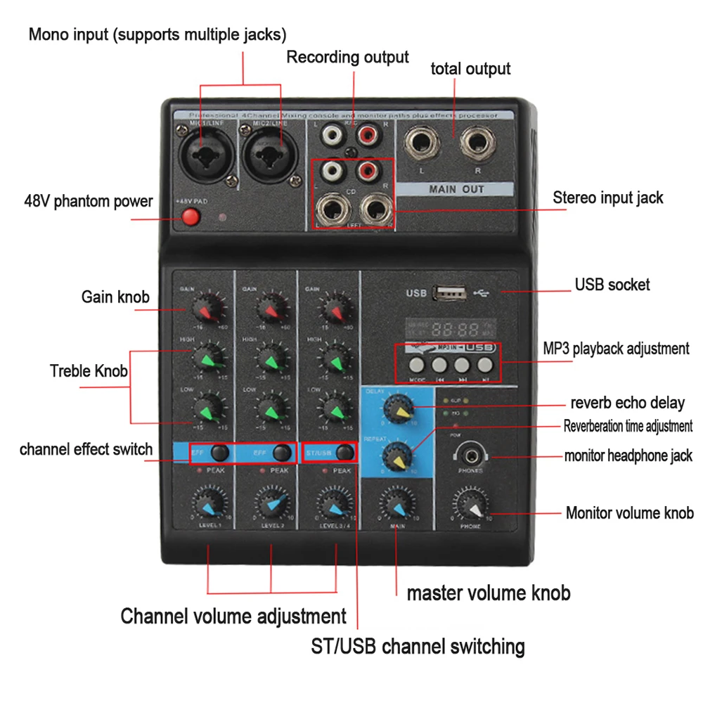 HD 4-channel Audio Mixer Portable Bluetooth-compatible USB Sound Mixing Console Input Phantom Power Monitor Interface Computer