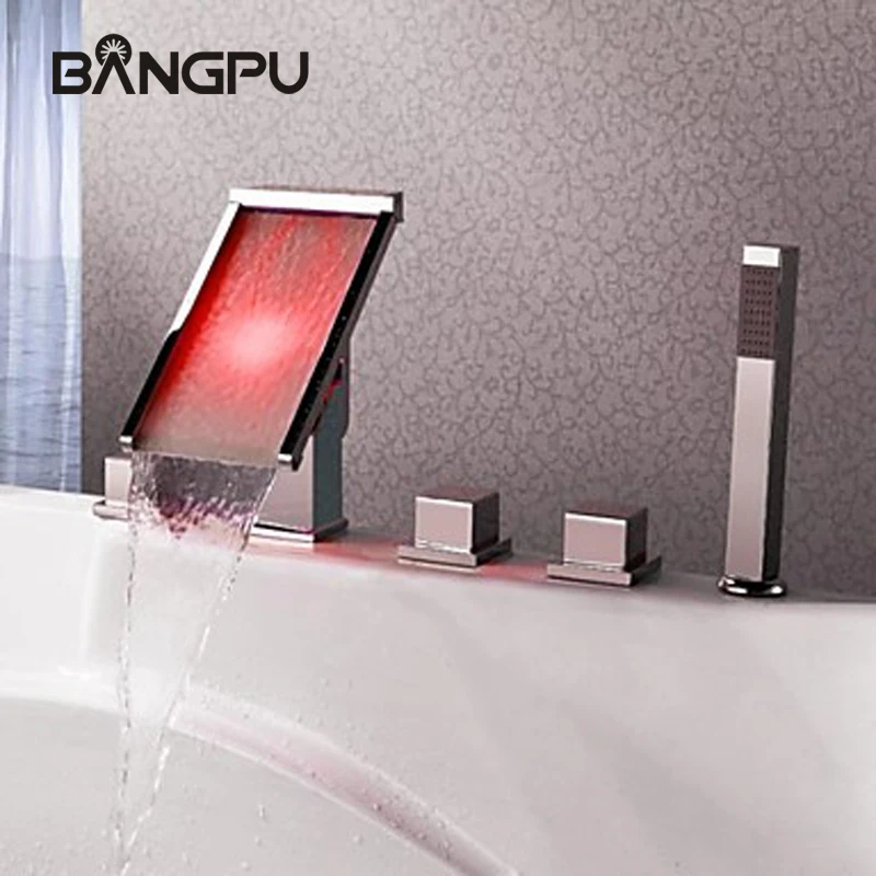 

Modern LED Waterfall Tub Faucet Set with Handheld Shower Bathroom Bathtub Faucet Set 5 Hole Roman Tub Faucet with Sprayer Chrome