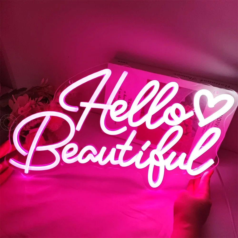 Hello Beautiful Led Neon Light Sign Pink Heart Hello Gorgeous Bedroom Wedding Birthday Party Decor USB Valentines Day Gifts