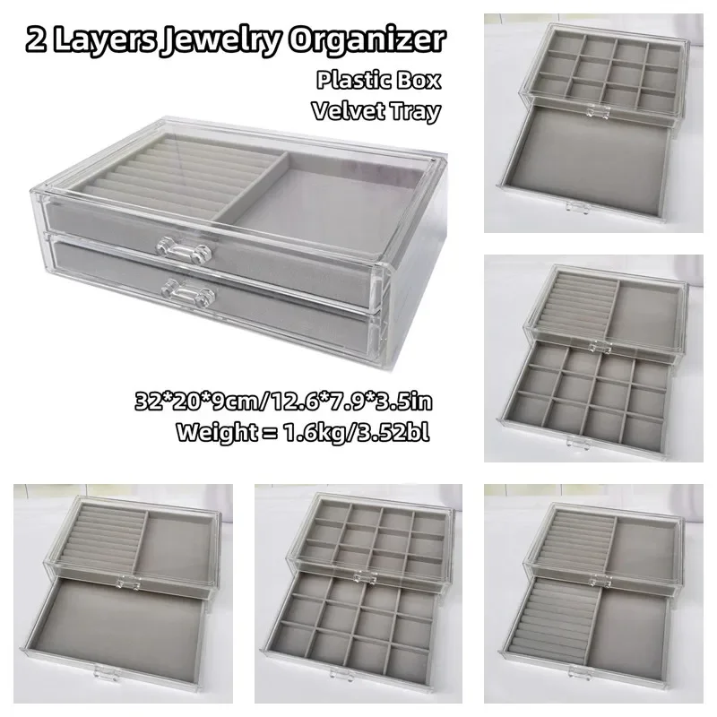 

Large Velvet Jewelry Display Organizer Acrylic Jewellery Storage Drawer for Earring/Ring/Bracelet/Hairpin Case 2 Layers Box