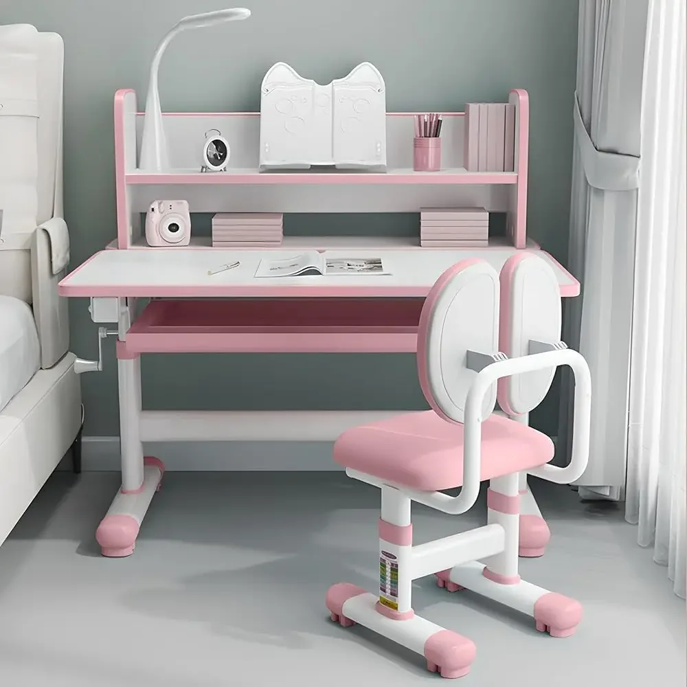 Height-Adjustable Ergonomic Desk and Chair Set – Functional School Study Table with Tilt Desktop, Storage Drawers, LED Light, Bo