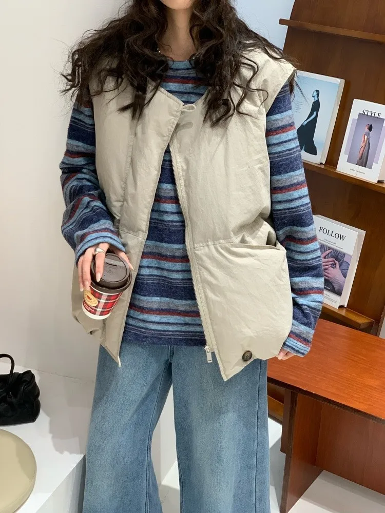 

Утепленный белый пуховый жилет Feita: повседневный, универсальный, теплый, из полиэфирного волокна, на пуговицах, для города