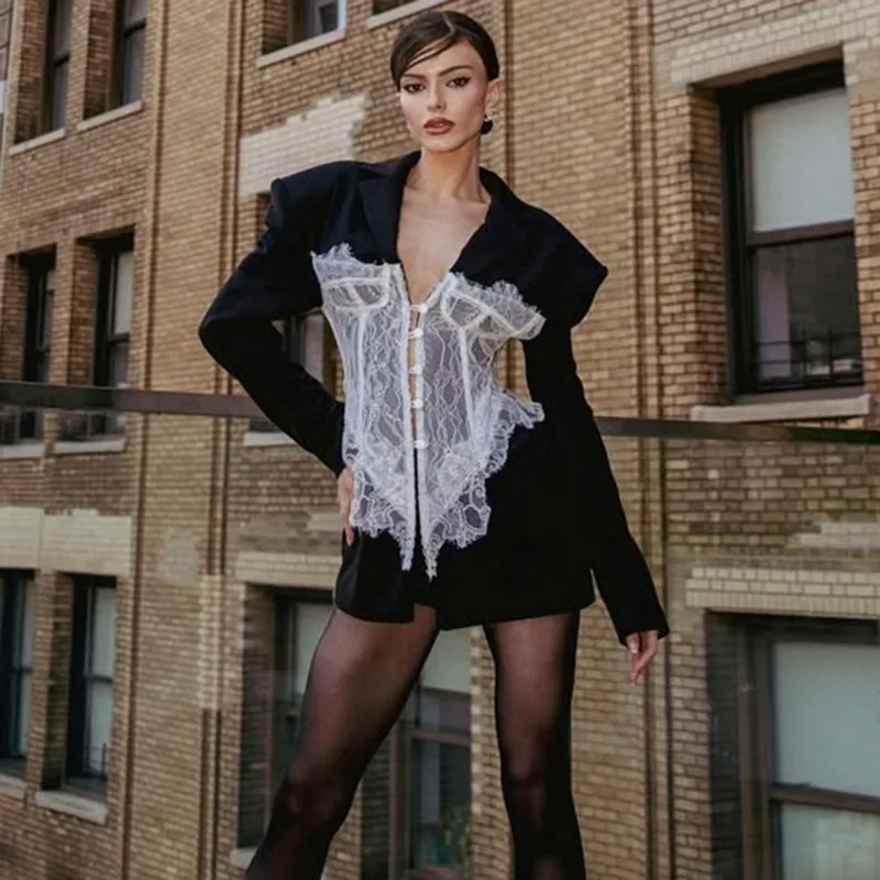 Tuularose Sexy Lace Patchwork V Neck Slim Coat Fashion Long Sleeve Single Breast Cinch Waist Blazer Jackets Female Street Jacket