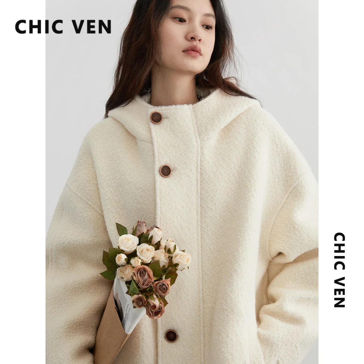 

CHIC VEN Women Winter Woolen Long Coat Korean Hooded Soild Single Breasted Loose Jackets Fashion Overcoats Female Clothing 2023