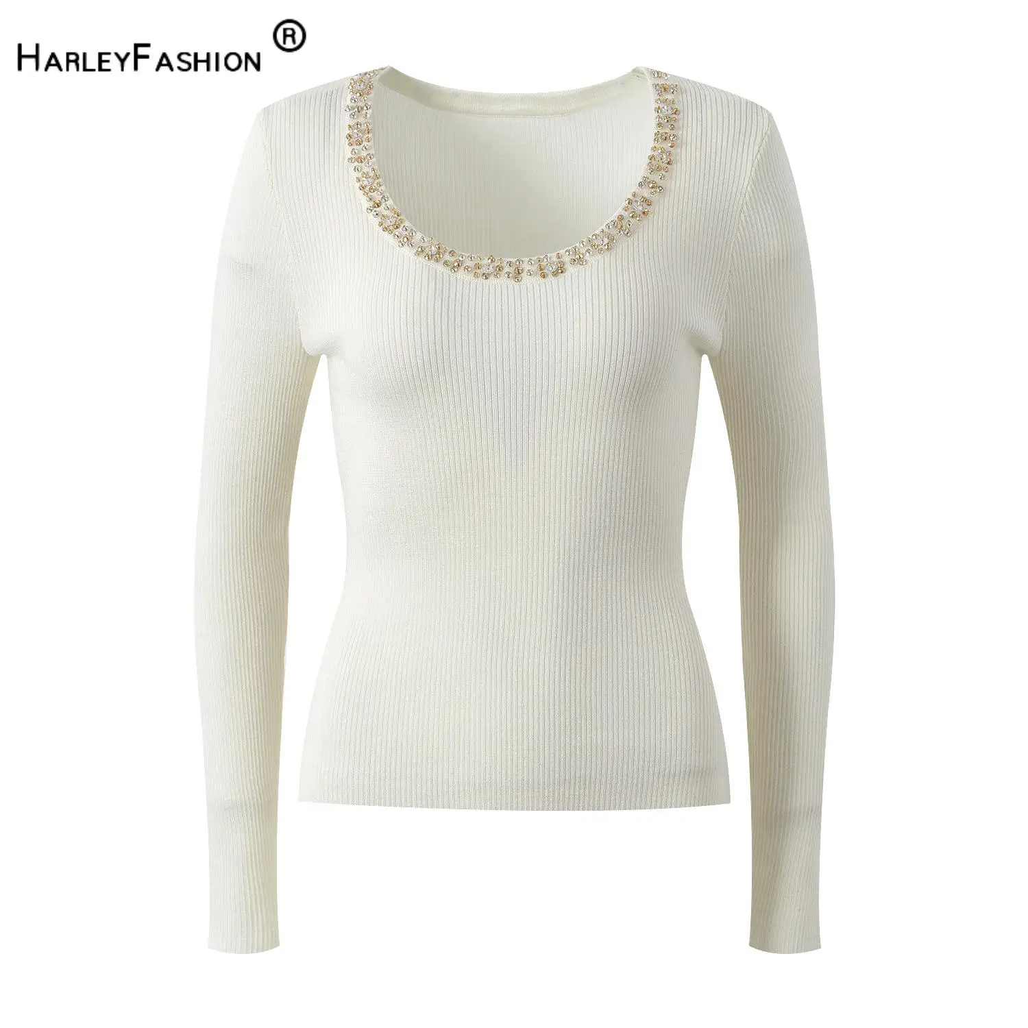 Lady Elegant Style Basic All-match Sequins Beading O-neck Long Sleeve Slim Fitted Solid Knits Top For Women