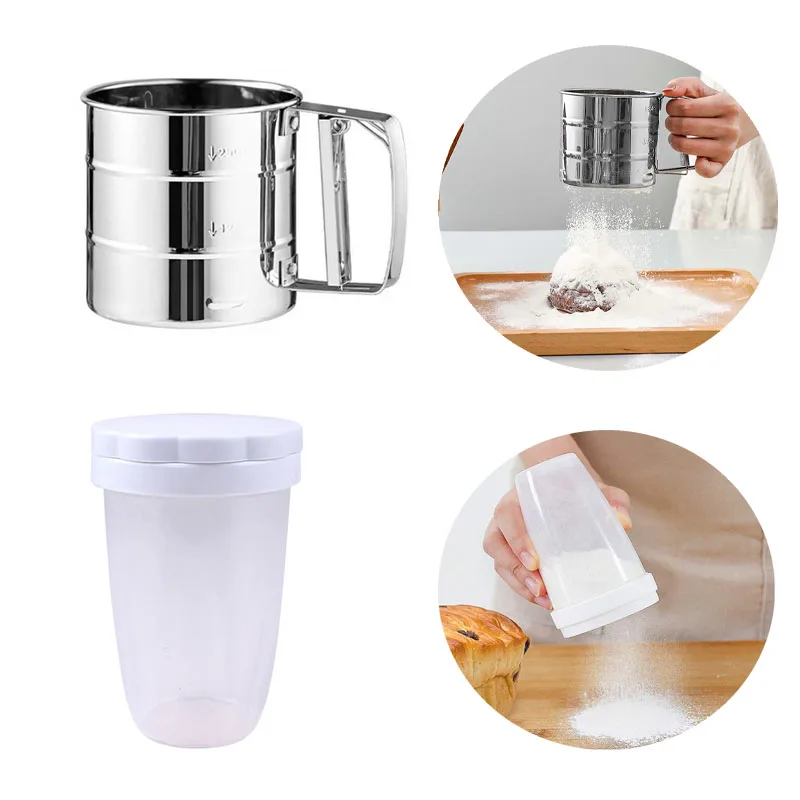 

Handheld Flour Powder Sugar Dispenser with Lid Coffee Powder Shaker Plastic Bolt Sieve Stainless Steel Manual Cooking Tools