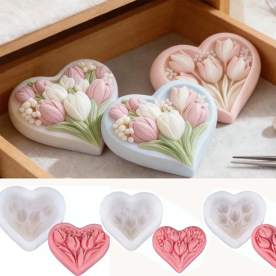 

3D Heart Tulip Baking Candle Silicone Mold DIY for Soap Plaster Aromatherapy Mousse Cake Decor Easy Clean Craft Home Gift