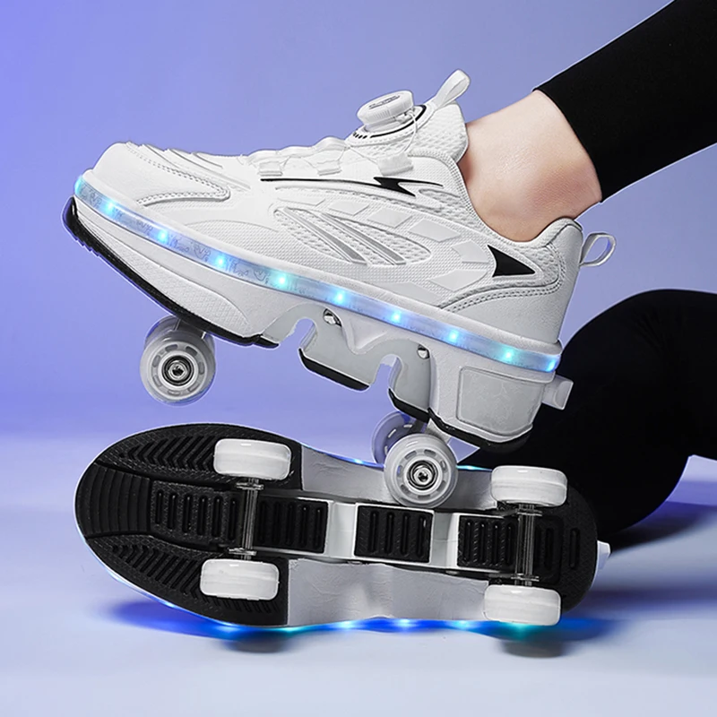 Fashion youth roller skates outdoor wheel shoes with lights multi-function rotary buckle wheel sports shoes