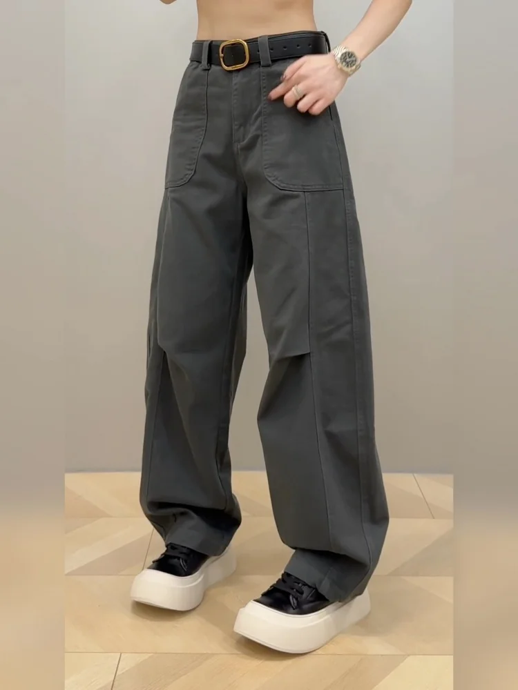 プラスサイズ ハイウエスト ストレートレッグ ワークウェア デニムジーンズ レディース 秋シーズン 梨型体型 アメリカンスタイル ルーズフィット トラウザーズ...