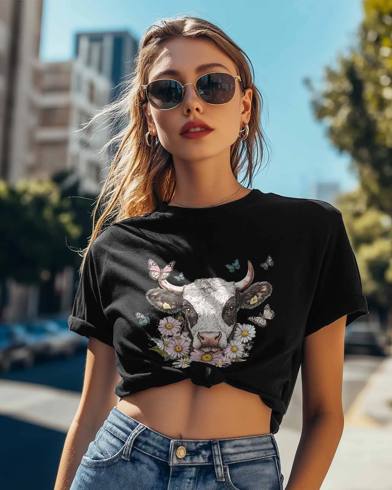 Animal Farm Cattle Daisy Butterfly T-Shirt Lover Gift Sweatshirt Fitness T-shirt Short Sleeve O-neck Clothing Tops