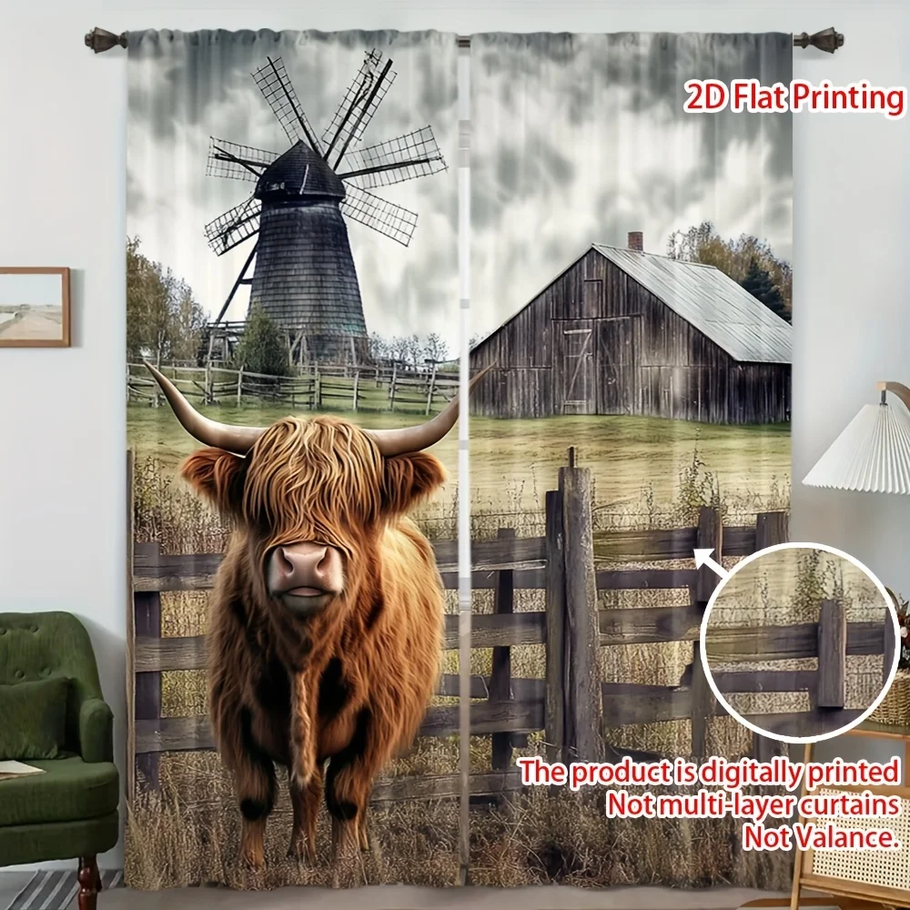 2pcs Highland Cow Curtains Windmill Barn Window Drapes Farm Animal Living Room Decor Country Style Drape