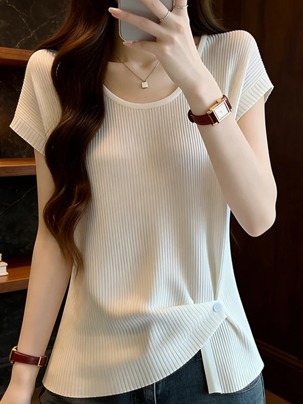 

Large Size Ice Silk Knitted Top Breathable Versatile Personality Design Summer New Style Korean Style Daily Wear for Teen Girls