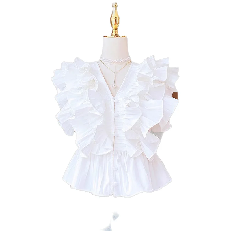 Or Sve V-Ne Chemisier à ourlet plissé pour femme Design Faion Printemps Été Coupe droite Fly Sve No bouton Couleur