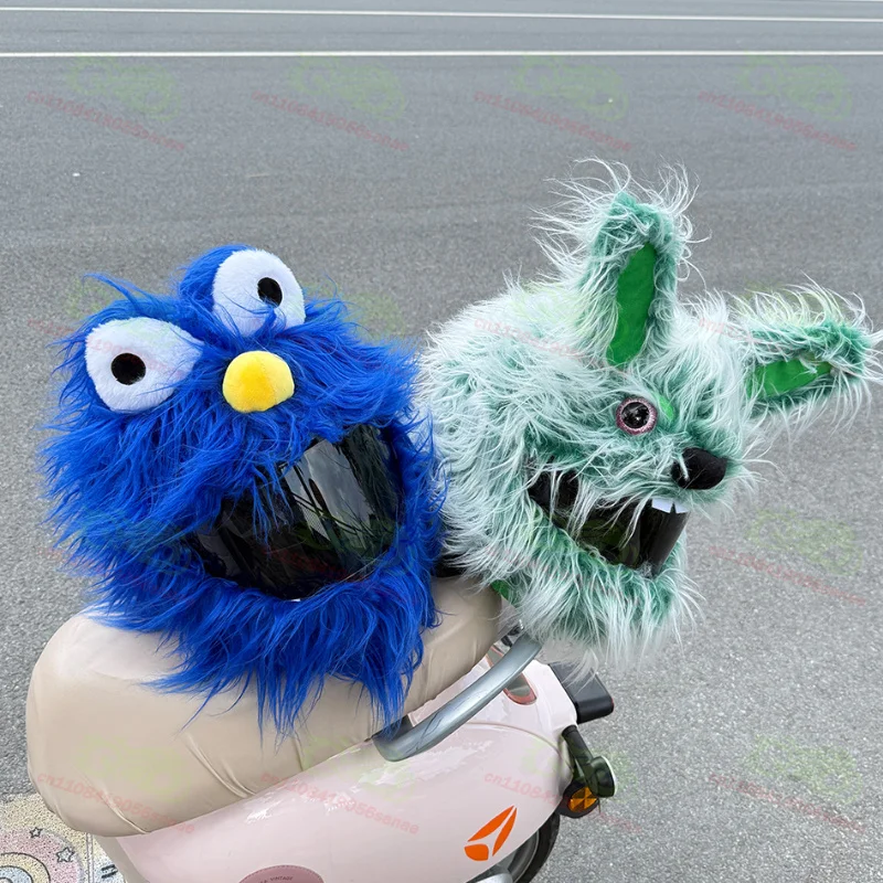 Cartoon Plush Headset Motorcycle Full Helmet Cover New Long Hair Rabbit Motorcycle Helmet Cover Decoration
