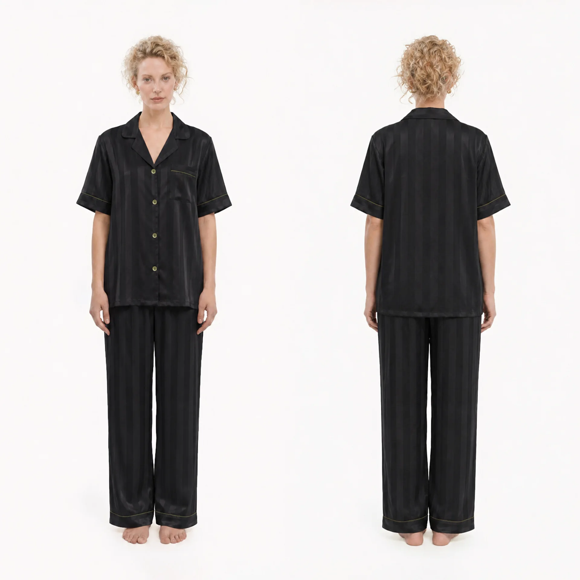 New Satin Jacquard Pajamas Women's Lapel Short Sleeved Shirt Long Pants Striped Casual Suit Simulated Silk Comfort Home Clothes 6