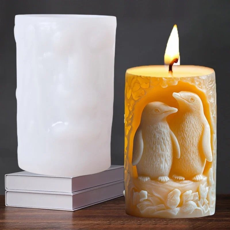 3D Penguin Couple Relief Cylinder Candle Silicone Mold Cute Penguin Resin  Mould Valentine\'s Day Gift Rabbit Cement Gypsum Molds