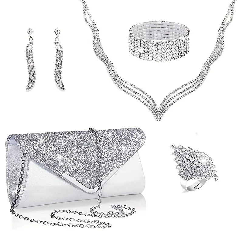 6 Pieces of Earrings, Necklaces, Bracelets, Rings, Bags. Luxury Jewelry Set with Sparkling Rhinestones and Exquisite Evening